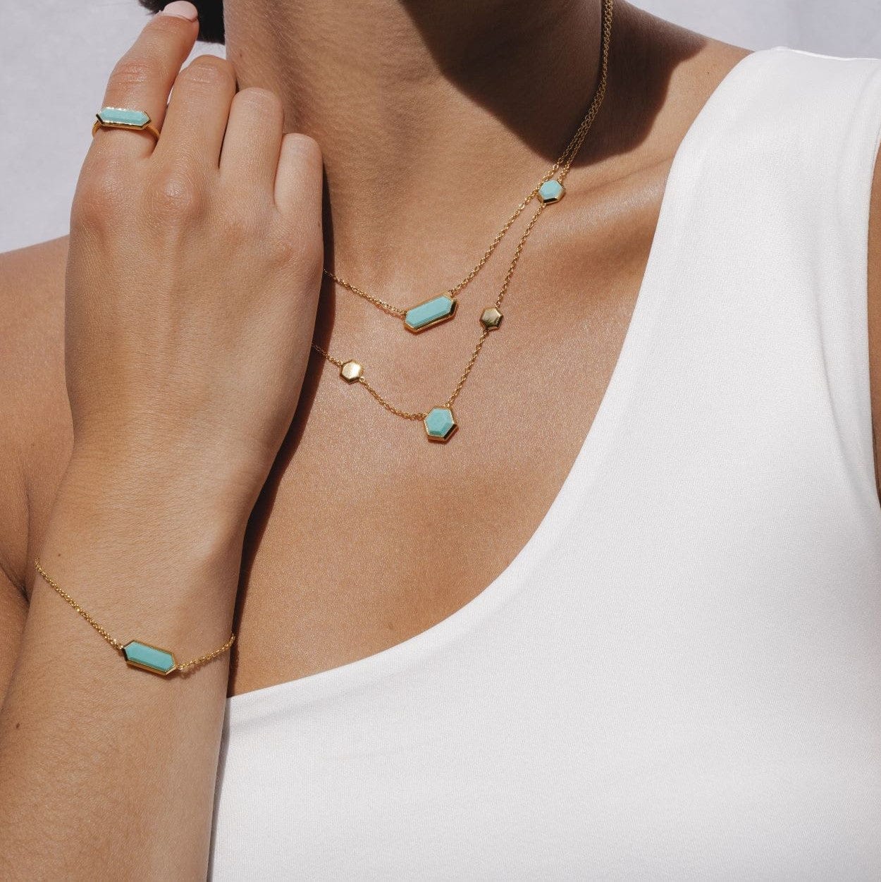 Geometric Hexagon Turquoise Prism Gold Plated Silver  BraceletGeometric Hexagon Turquoise Prism Gold Plated Silver Bracelets
