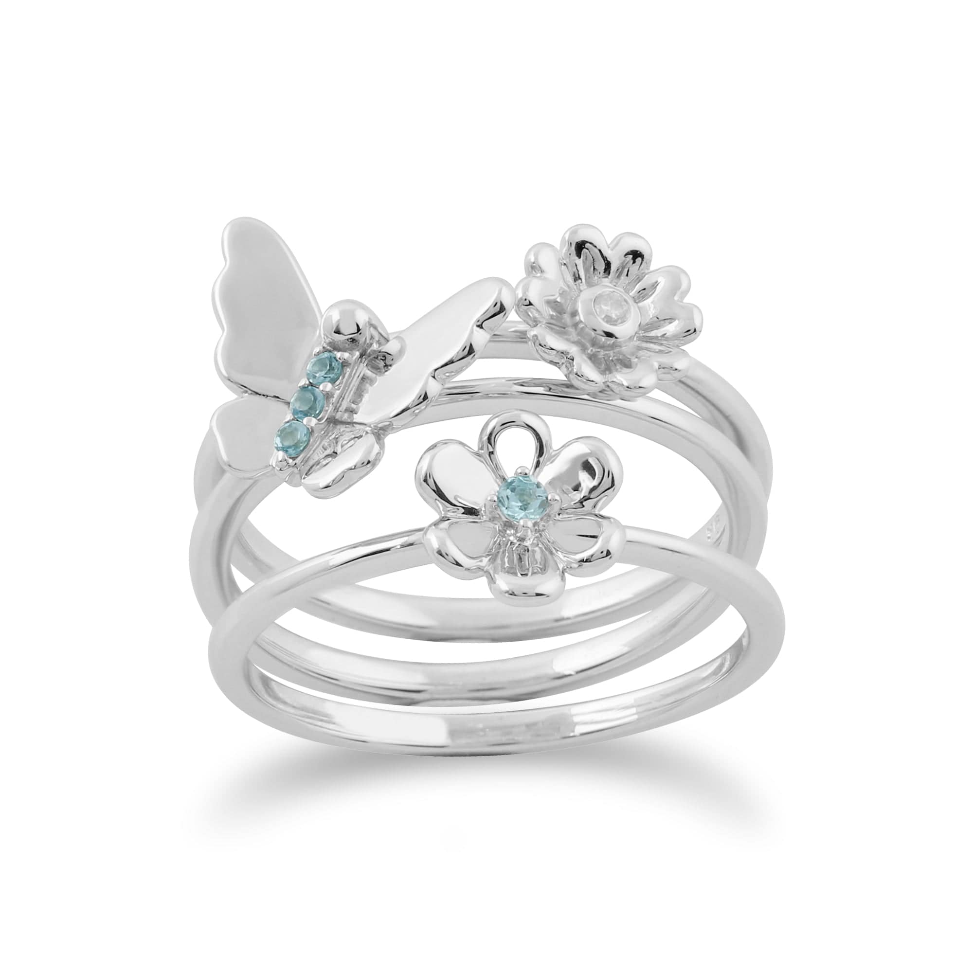 Floral Blue Topaz & Diamond Butterfly & Flowers Three Stack Ring Set Image 1